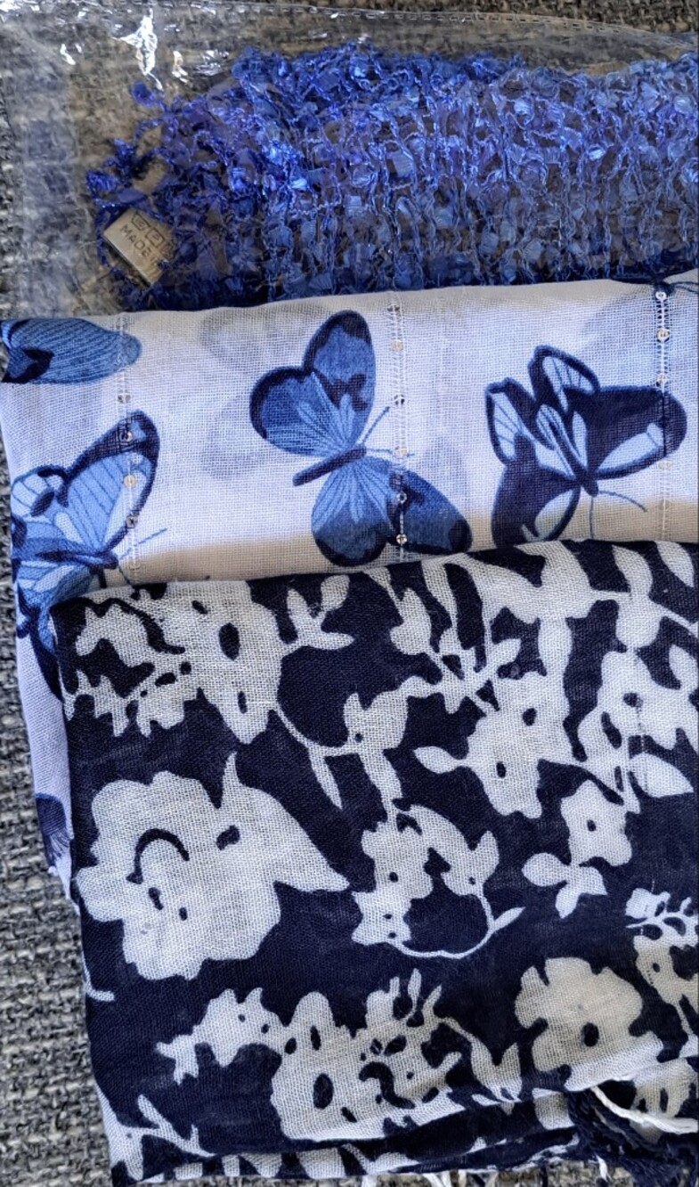 Blue Knit Scarf & Blue Butterfly Print & Navy Blue Floral Scarf Bundle